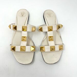 Valentino Garavani Roman Stud White Leather Slide Sandals Flats 38 EU